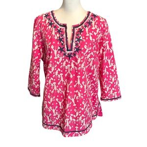 Talbots Top Size Large Pink‎ Lobster Rockstar Print Tunic Top Sleeve V Neck